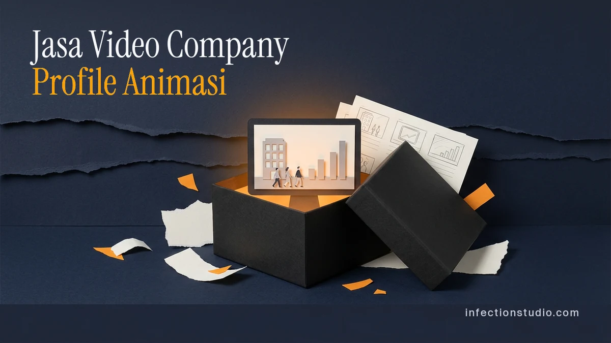 Kotak hitam matte terbuka dengan layar kertas kecil memutar adegan animasi company profile: gedung, tiga orang berjalan, dan grafik batang, di samping kartu storyboard